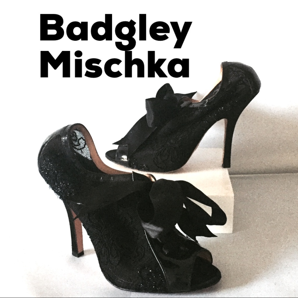 Badgley Mischka Black Satin & Lace Heels - Picture 1 of 7